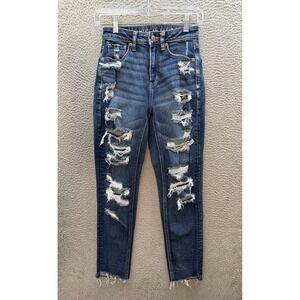 American Eagle Jeans Womens 00 Blue Mom Jean Stretch Distressed Denim Preppy